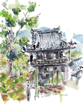 長谷寺 墨,文字,墨彩画,顔彩,ポストカード,水彩画,奈良,桜井市,長谷寺,初瀬のイラスト素材