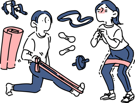 筋トレをする女性 女性,運動,自重,筋トレ,ヨガマット,バンド,ダンベル,アブローラー,人物,線画のイラスト素材