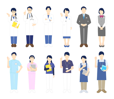 医療従事者のシンプルイラスト素材セット 医師,医者,ドクター,女医,医療従事者,先生,看護師,ナース,白衣,聴診器のイラスト素材