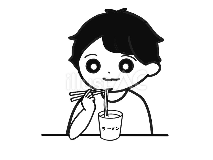 ラーメンを食べようとする男性　モノクロ カップラーメン,インスタント,ラーメンのイラスト素材