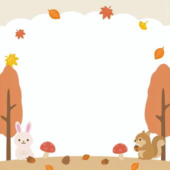 うさぎとリスの秋の森紅葉フレーム正方形 秋,背景,フレーム,正方形,お知らせ,バナー,イベント,キャンペーン,うさぎ,リスのイラスト素材