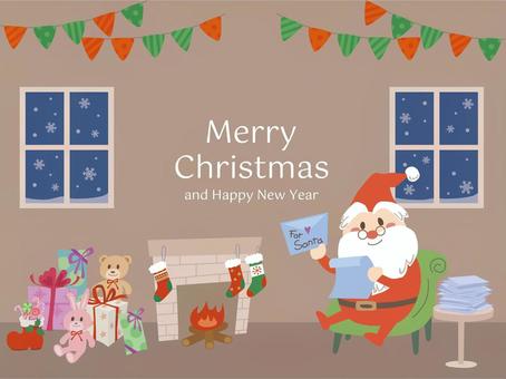 部屋で手紙を読むかわいいサンタ　モダン サンタ,クリスマス,手紙,部屋,室内,暖炉,窓,雪,雪の結晶,フラッグのイラスト素材