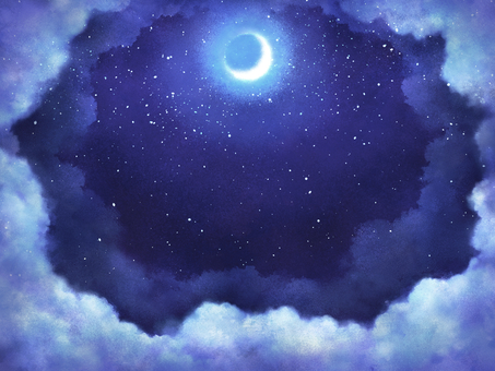 三日月と雲のベール【4】夜のゆりかご 三日月,夜,背景素材,空,ダークブルー,雲,イラスト,手描き風,神秘的,幻想的のイラスト素材