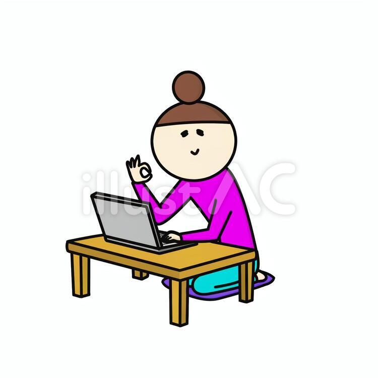 ｐｃ　グー　座卓　笑顔 パソコン,グー,在宅ワークのイラスト素材