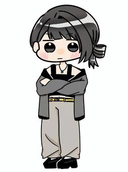 腕を組む女の子 腕組み,女子,黒,おしゃれ,全身,おだんご,考え事のイラスト素材