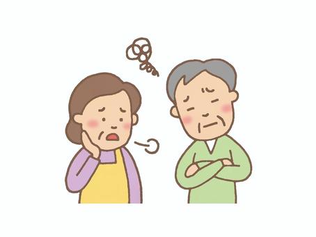 困っている中高年の夫婦 困る,中高年,夫婦,悩む,ため息,エプロン,どうしよう,相談,老後,心配のイラスト素材