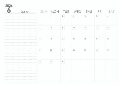 2026年6月カレンダー 2026年6月カレンダー カレンダー,手帳,日付,2026年,6月,デジタルプランナー,トラッカー,a4サイズ,日曜始まり,シンプルのイラスト素材