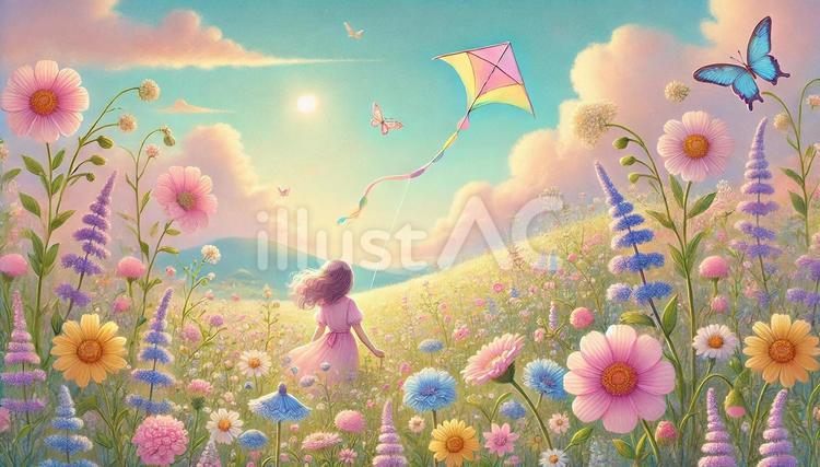 夏の丘と女の子の風景・パステル 夏,風景,女の子のイラスト素材
