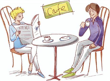 カフェ 男女,カフェ,テーブル,イス,コーヒー,座位,水彩,線画のイラスト素材