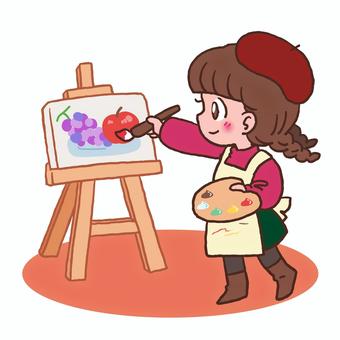 絵を描く女の子　イラスト 手描き,絵,絵画,油絵,描く,キャンバス,イーゼル,パレット,絵具,絵筆のイラスト素材