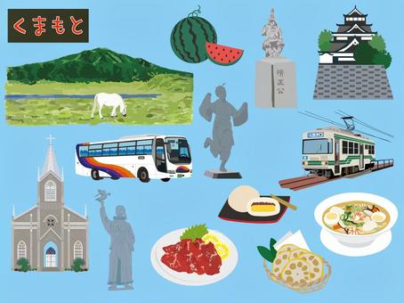 熊本モチーフセット 熊本モチーフセット 熊本城,おてもやん,からし蓮根,タイピーエン,いきなり団子,馬刺し,阿蘇山,馬,観光バス,市電のイラスト素材