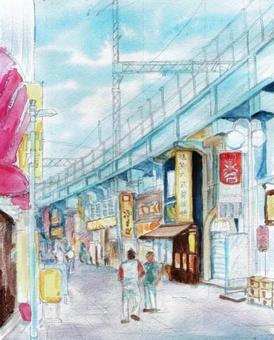 Watercolor landscape painting, Tokyo Ueno shopping street, JPG Watercolor landscape painting, Tokyo Ueno shopping street, , JPG