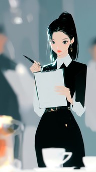 クリップボードを持つ女性スタッフ