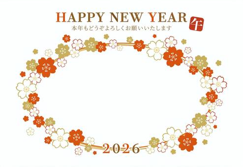 2026年午年の桜フォト年賀状/楕円・朱 年賀状,2026年,桜,フォトフレーム,はがき,テンプレート,お正月,サークル,令和八年,午のイラスト素材