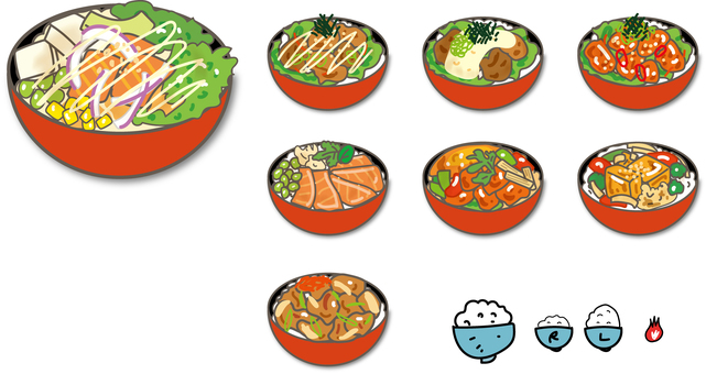 丼ぶり大集合 丼,丼ぶり,食べ物,ごはん,ランチ,どんぶり,ポケ,海鮮のイラスト素材