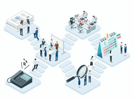 アイソメトリック_会社・オフィスワーク アイソメトリック,立体,アイソメ,斜め上,作成,作業,調査,分析,営業,電話応対のイラスト素材