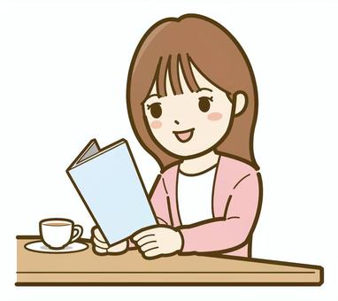 本を読む女性_25 女性,読書,本,人物,人,コーヒー,カフェ,イラスト,シンプル,かわいいのイラスト素材