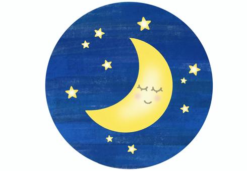 三日月と星々／顔あり 月,三日月,宇宙,天体,手書き,夜,顔,寝顔,星,背景のイラスト素材