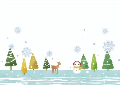 冬景色のフレーム 雪,雪だるま,クリスマス,冬,冬景色,鹿,ツリー,雪の結晶,木,樹木のイラスト素材