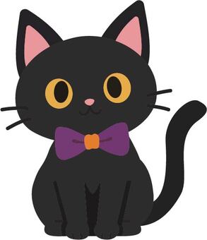 蝶ネクタイをつけた黒猫 ハロウィン,黒猫,蝶ネクタイ,ペット,動物,瞳,ひげ,肉球,しっぽ,おすわりのイラスト素材