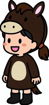 焦げ茶の馬の着ぐるみの女の子です。 馬,着ぐるみ,シンプルのイラスト素材