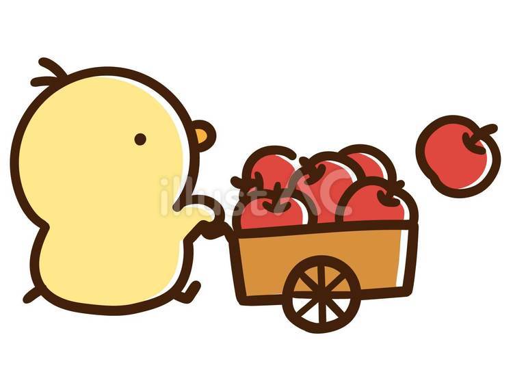 収穫したリンゴを押し車で運ぶひよこ ひよこ,りんご,収穫のイラスト素材