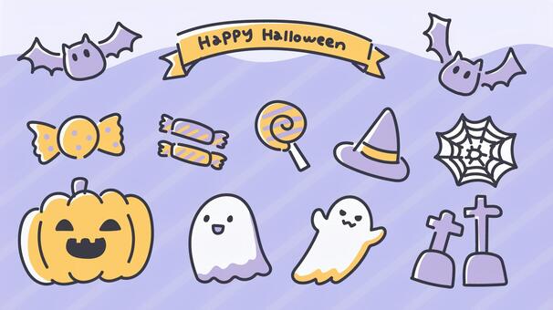 ゆるかわハロウィン_イラストセット ハロウィン,おばけ,かぼちゃ,コウモリ,蜘蛛の巣,キャンディ,魔女,帽子,墓,かわいいのイラスト素材