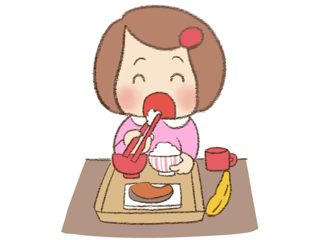 ごはんを食べる女の子 視覚支援,お支度ボード,絵カード,スケジュール,子ども,ごはんのイラスト素材