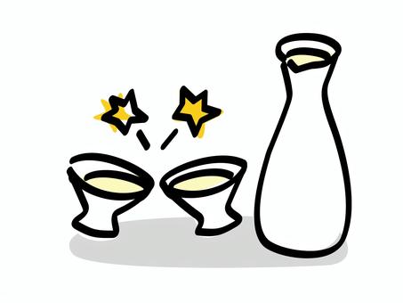日本酒をおちょこで乾杯_色ズレゆるい絵 日本酒,乾杯,徳利,おちょこ,酒,手書き,手描き,ゆるい,色ずれ,かわいいのイラスト素材