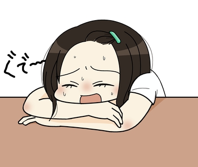 暑さでばててる女性 人物,暑い,バテる,怠い,消耗,疲れる,夏,汗,机,7月のイラスト素材