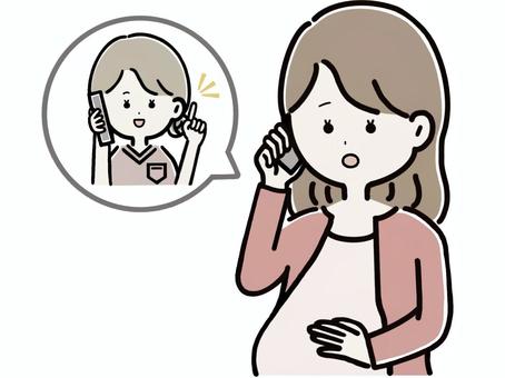 電話で相談する妊婦　困り顔 妊婦,心配,不安,困る,電話,困り顔,疑問,悩み,妊娠,出産のイラスト素材