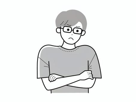 口を結び怒り眉の腕組み眼鏡男性／白黒 眼鏡,男性,社会人,パパ,お父さん,学生,怒る,困る,疑問,悩みのイラスト素材