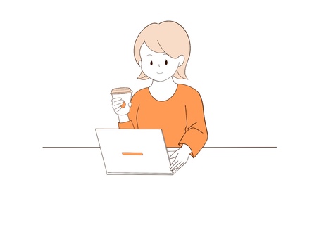 コーヒーを飲みながら働く女性 女性,仕事,パソコン,ノートパソコン,コーヒー,カップ,デスクワーク,会社員,社会人,ビジネスのイラスト素材