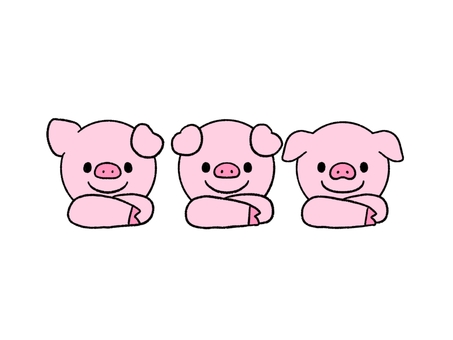 頬杖をつく3びきのこぶた 豚,子豚,さんびきのこぶた,童話,読み聞かせ,おとぎ話,動物,ピンク,かわいい,おゆうぎのイラスト素材