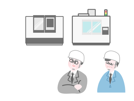 マシニングを見ながら悩むシニア会社員たち