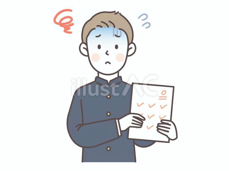 テストの点数に落ち込む男子学生_学ラン 中学生,高校生,男の子のイラスト素材