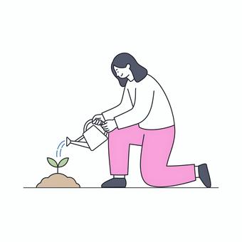 苗に水を与える若い女性の成長育成イラスト 苗に水を与える若い女性の成長育成イラスト 人物,男性,若者,苗,水やり,成長,育成,未来,希望,努力のイラスト素材