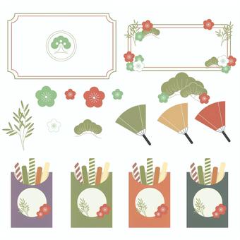 七五三の和風フレームと千歳飴などのセット 七五三,和風,和柄,フレーム,飾り枠,千歳飴,松竹梅,扇子,セット,秋のイラスト素材