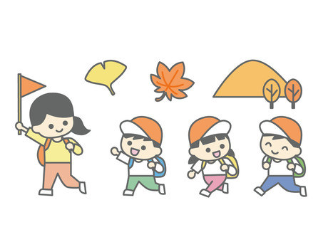 秋の遠足風景_歩く先生と子供たち_カラー 遠足,秋,子供,先生,挿絵,おたより,お知らせ,行楽,紅葉,もみじのイラスト素材