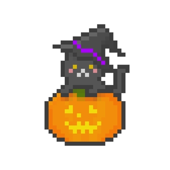ドット絵のハロウィンかぼちゃとねこ魔女黒 ピクセル,ピクセルアート,ドット絵,かわいい,猫,黒,黒猫,魔女,魔法使い,帽子のイラスト素材