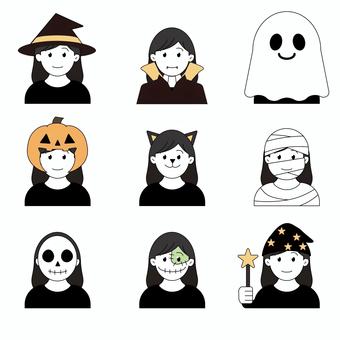 ハロウィン女性人物アイコンセット ハロウィン,仮装,人物,女性,アイコン,セット,魔女,吸血鬼,ゴースト,黒猫のイラスト素材