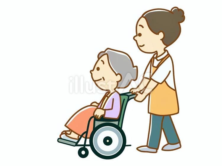 車いすを押す介護士 高齢者,車いす,介護士のイラスト素材