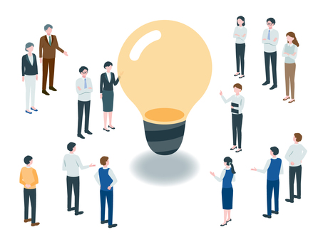 電球とひらめきアイデアのイラスト ひらめき,アイデア,共有,インスピレーション,発想,シーン,企画,立案,ブレスト,発明のイラスト素材