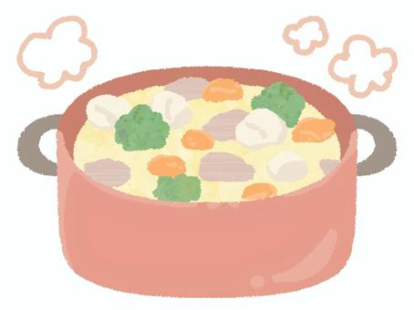 鍋に入ったクリームシチュー シチュー,クリーム,料理,作る,食事,食べ物,具材,人参,ブロッコリー,ジャガイモのイラスト素材