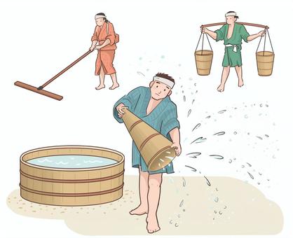 昔の塩つくり作業 塩,作る,職人,海水,まく,運ぶ,集める,江戸時代のイラスト素材