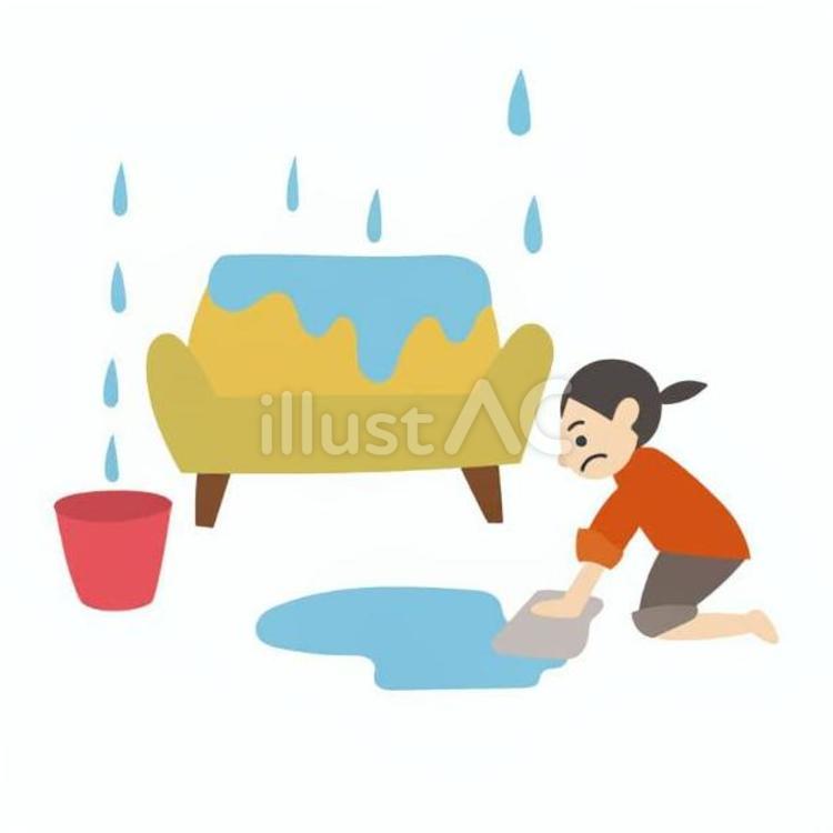上階からの水漏れを雑巾で拭いている女性 住宅,トラブル,水漏れのイラスト素材