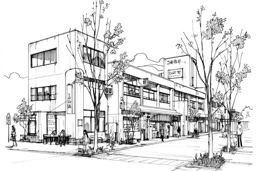 ビルや町並みのパース絵、手描きスケッチ ビルや町並みのパース絵、手描きスケッチ ビル,町並み,パースのイラスト素材