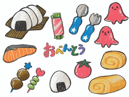 手書きお弁当 お弁当,おべんとう,おにぎり,おむすび,たこさんウィンナー,しゃけ,卵焼き,ミートボール,カトラリー,子どものイラスト素材