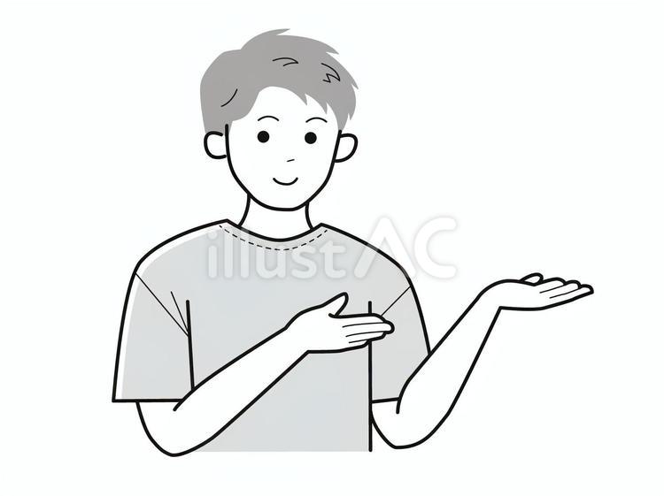 両手でどうぞとする男性／白黒 上半身,半袖,両手のイラスト素材