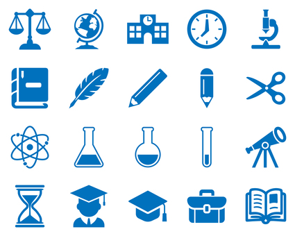 教育と学習のアイコンセット 青 学校,教育,学習,科学,勉強,校舎,鞄,本,ハサミ,文房具のイラスト素材